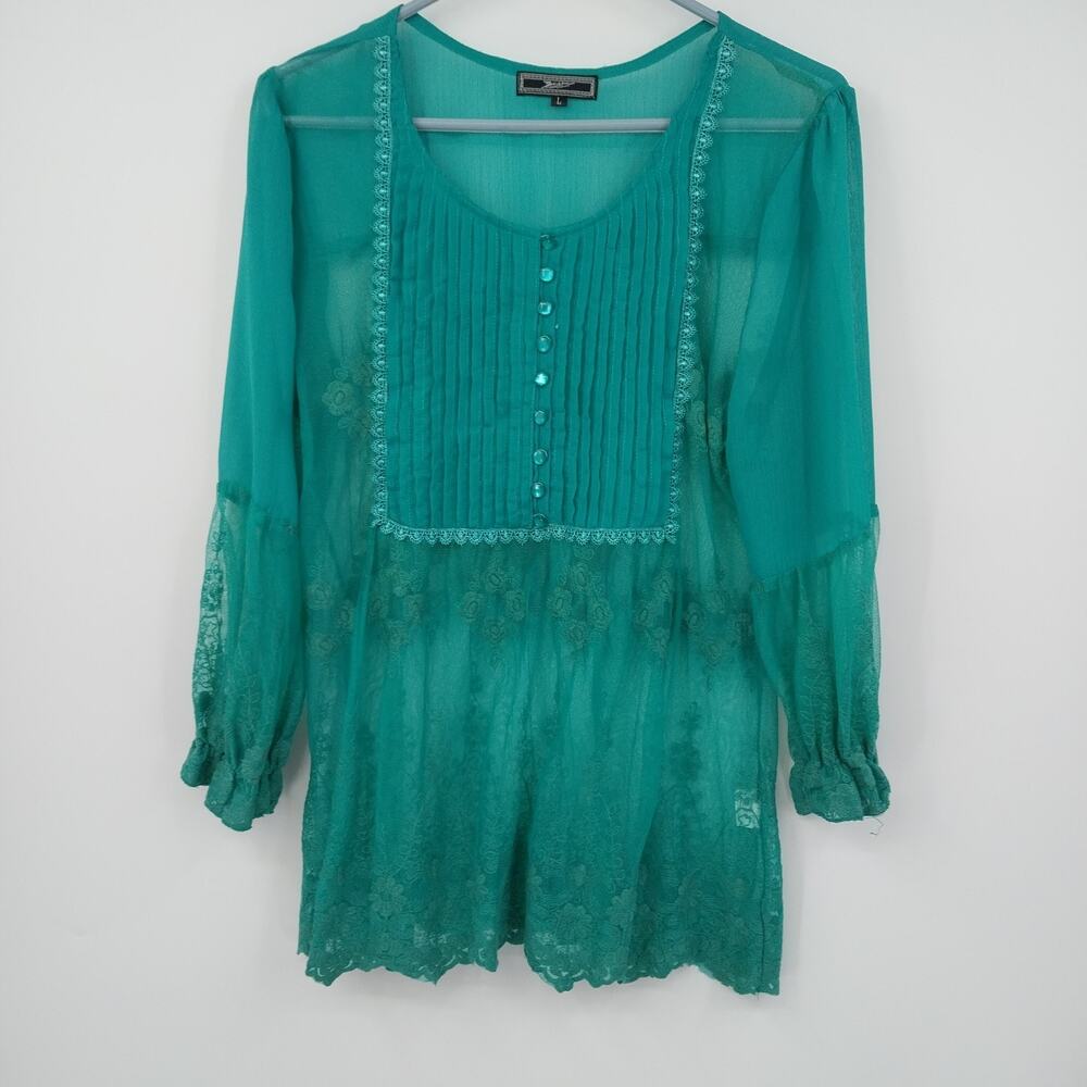 Zacin Women's Green Lace Mesh Tunic Blouse Long Sleeve Lined Top Size Large